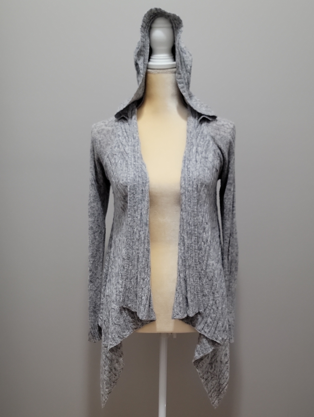 Light Gray Cable Texture Hooded Open-Front Women's Cardi Sz S